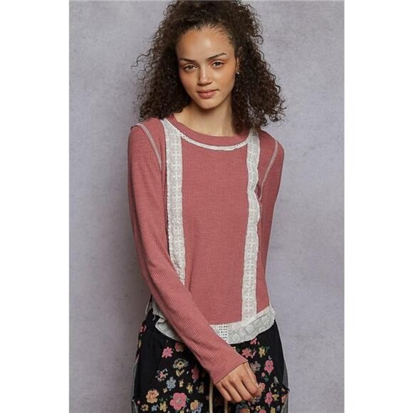 POL Contrast Round Neck Long Sleeve Ribbed Top with Eyelet Patch - Picture 2 of 5